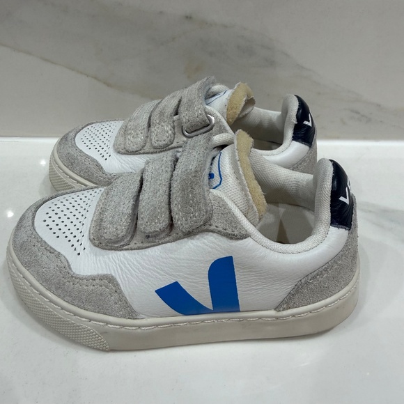 VEJA Kids Leather Sneakers White Gray Blue Velcro - Picture 3 of 7